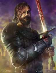 Rule 34 | 10s, 1boy, 2013, a song of ice and fire, armor, beard, belt, blood, blood on face, blood on hands, bloody weapon, brown hair, chainmail, cloud, cloudy sky, copyright name, facial hair, full armor, game of thrones, gauntlets, highres, long hair, looking at viewer, male focus, manly, photorealistic, realistic, sandor clegane, scar, shoulder armor, signature, silhouette, sky, solo, pauldrons, steven donegani, sword, weapon
