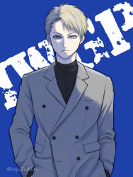 Rule 34 | 1boy, ando takashi, blonde hair, blue background, blue eyes, buttons, double-breasted, earrings, formal, hands in pockets, hepu2rabbits (epuusa), highres, ikebukuro west gate park, jewelry, long sleeves, looking at viewer, male focus, short hair, single earring, solo, suit
