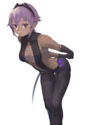 Rule 34 | 1girl, absurdres, arms behind back, bare shoulders, black gloves, black hairband, blush, breasts, commentary request, dark-skinned female, dark skin, eyebrows hidden by hair, fate/grand order, fate (series), gloves, hair between eyes, hairband, hassan of serenity (fate), highres, leaning forward, medium breasts, navel, open mouth, purple eyes, purple hair, short hair, simple background, solo, taruto (takug0812), white background