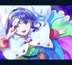 Rule 34 | 1girl, ;d, arm up, belt, belt buckle, between fingers, blush, buckle, buttons, cape, card, commentary request, dated, dress, eyelashes, fingernails, frilled dress, frills, hairband, highres, holding, holding card, letterboxed, long sleeves, looking at viewer, m (neteitai10), multicolored clothes, multicolored hairband, one eye closed, open mouth, parted lips, patchwork clothes, pouch, purple eyes, purple hair, rainbow gradient, red button, short hair, signature, smile, solo, star-shaped pupils, star (symbol), symbol-shaped pupils, teeth, tenkyuu chimata, tongue, touhou, two-sided cape, two-sided fabric, upper teeth only
