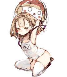 Rule 34 | 1girl, armpits, arms up, ball, beachball, blonde hair, blush, braid, briar rose (sinoalice), closed mouth, full body, holding, looking at viewer, medium hair, one-piece swimsuit, simple background, sinoalice, sitting, sketch, solo, sukima (crie), swimsuit, thighhighs, thorns, white background, white one-piece swimsuit, white thighhighs, yellow eyes