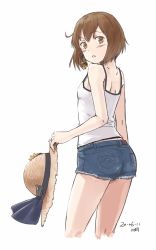Rule 34 | 1girl, alternate costume, artist name, ass, blue shorts, brown eyes, brown hair, camisole, casual, cowboy shot, cropped legs, dated, denim, denim shorts, hat, unworn hat, unworn headwear, kantai collection, kawashina (momen silicon), looking at viewer, parted lips, short hair, shorts, simple background, solo, speaking tube headset, standing, straw hat, sun hat, tank top, white background, white camisole, yukikaze (kancolle)