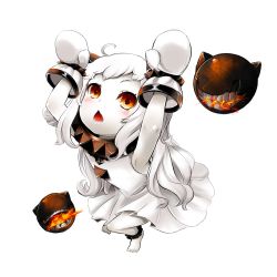 Rule 34 | 10s, 1girl, abyssal ship, ahoge, blat, chestnut mouth, colored skin, dress, from above, horns, kantai collection, long hair, looking up, mittens, northern ocean princess, orange eyes, pale skin, rabbit pose, solo, white background, white dress, white hair, white mittens, white skin