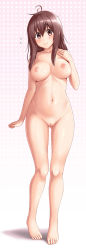 Rule 34 | 1girl, absurdres, antenna hair, arm at side, barefoot, blush, breasts, brown hair, closed mouth, collarbone, completely nude, feet, flying sweatdrops, full body, gluteal fold, groin, hand on own chest, head tilt, highres, long hair, looking at viewer, medium breasts, navel, nipples, nude, original, pussy, shiny skin, simple background, smile, solo, stomach, straight hair, tareme, toenails, toes, uncensored, watayoshi (suiiho), white background