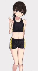 Rule 34 | 1girl, akipeko, black hair, blush, brown eyes, child, collarbone, commentary request, grey background, highres, looking at viewer, midriff, navel, original, short hair, shorts, simple background, smile, solo, sports bra, sportswear, user xkrj2348, v