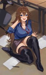 Rule 34 | 1girl, ahoge, blue eyes, blush, body freckles, breasts, brown hair, chair, cleavage, fallen down, freckles, full body, high heels, highres, id card, kamu (kamuuei), large breasts, long hair, looking at viewer, office, office chair, office lady, open mouth, original, paper, pen, school uniform, skirt, solo, swivel chair, thick thighs, thighhighs, thighs