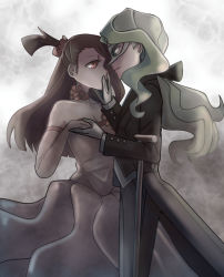 Rule 34 | 2girls, alternate costume, blonde hair, blue eyes, breasts, brown hair, cleavage, couple, dancing, diana cavendish, dress, eye contact, formal, holding hands, highres, kagari atsuko, little witch academia, long hair, looking at another, macartura08, multicolored hair, multiple girls, red eyes, simple background, suit, tuxedo, two-tone hair, wavy hair, white background, yuri