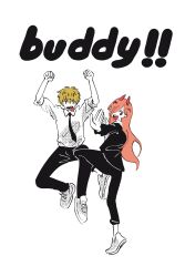Rule 34 | 1boy, 1girl, arms up, black jacket, black necktie, black pants, blonde hair, brown hair, chainsaw man, collared shirt, denji (chainsaw man), formal, hair over one eye, halftone texture, highres, horns, jacket, jumping, kumanooppo, long hair, looking at viewer, necktie, open mouth, pants, power (chainsaw man), red horns, sharp teeth, shirt, shirt tucked in, short hair, simple background, sleeves rolled up, smile, suit, suit jacket, teeth, tongue, tongue out, white background, white shirt
