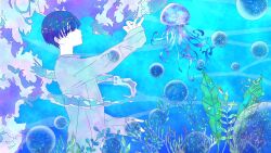 Rule 34 | 1other, alternate costume, androgynous, bad source, blue background, blue eyes, floating, highres, houseki no kuni, jellyfish, long sleeves, looking at viewer, open clothes, open shirt, phosphophyllite, phosphophyllite (ll), shirokuko, short hair, solo, water background