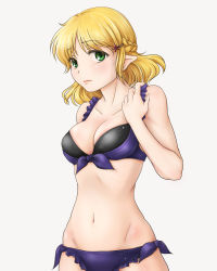Rule 34 | 1girl, bikini, blonde hair, breasts, green eyes, kanro-candy, mizuhashi parsee, pointy ears, short hair, simple background, solo, swimsuit, touhou