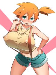 Rule 34 | 1girl, :d, alternate breast size, ass, bare shoulders, blue eyes, blush, breast hold, breasts, butt crack, creatures (company), crop top, covered erect nipples, full body, furau, game freak, highres, huge breasts, leaning forward, looking at viewer, midriff, misty (pokemon), nintendo, one eye closed, open mouth, orange hair, pokemon, pokemon (anime), short ponytail, shorts, smile, solo, strap pull, suspenders
