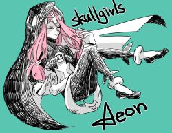 Rule 34 | 1girl, aeon (skullgirls), character name, closed eyes, copyright name, green background, hood, hourglass, kyouhei hei, pink hair, revision, skullgirls, smile, solo, spot color, tiara, twintails