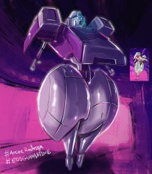 Rule 34 | 1girl, absurdres, arcee, autobot, bad id, bad twitter id, blue eyes, commentary, cosmikaizer, derivative work, english commentary, english text, highres, mecha, open hands, open mouth, parody, photo inset, quality, reference inset, reference photo, robot, screencap redraw, solo, thick thighs, thighs, transformers