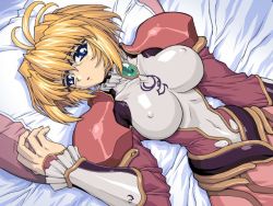 Rule 34 | 1girl, bed, blonde hair, blue eyes, brave soul, breasts, caren (brave soul), dress, covered erect nipples, frills, game cg, glasses, large breasts, lying, mogudan, navel, open mouth, pillow, skin tight, solo