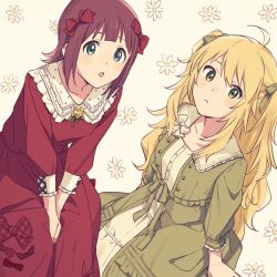 Rule 34 | 2girls, ahoge, alternate hairstyle, amami haruka, arm support, arms between legs, blonde hair, blush, bow, breasts, brown hair, closed mouth, collarbone, commentary, demirinz, dot nose, dress, dress bow, floral background, frilled dress, frills, from above, green bow, green dress, green eyes, green ribbon, hair bow, hair ribbon, hoshii miki, idolmaster, idolmaster (classic), idolmaster million live!, idolmaster million live! theater days, large breasts, long hair, long sleeves, looking at viewer, looking up, medium breasts, multiple girls, open mouth, plaid, plaid ribbon, red dress, red ribbon, ribbon, short hair, sitting, white background, white ribbon
