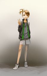 Rule 34 | 1girl, attall, brown eyes, brown hair, casual, flat chest, full body, futami ami, gradient background, highres, idolmaster, idolmaster (classic), jacket, nanbo ataru (attall), open clothes, open jacket, shoes, short hair, shorts, side ponytail, smile, sneakers, solo, v