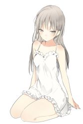 Rule 34 | 1girl, bare shoulders, brown eyes, brown hair, dress, long hair, looking away, lpip, original, seiza, simple background, sitting, sketch, solo, sundress, white background