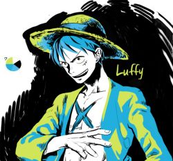 Rule 34 | 1boy, character name, color guide, hat, limited palette, long sleeves, male focus, monkey d. luffy, one piece, open clothes, open mouth, open shirt, palette (object), scar, shirt, smile, solo, straw hat, yamsong