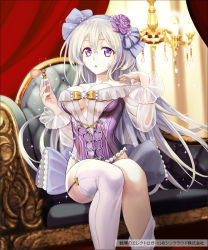 Rule 34 | 1girl, :o, bare shoulders, bottle, bow, breasts, chair, chandelier, collarbone, copyright name, corset, curtains, flower, garter straps, hair between eyes, hair flower, hair ornament, hair ribbon, holding, kuroi nyan, long hair, looking at viewer, official art, perfume bottle, purple eyes, ribbon, see-through, senjou no electro girl, silver hair, sitting, solo, sparkle, thighhighs, underboob, white thighhighs