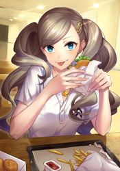 Rule 34 | 1girl, :p, blue eyes, blush, burger, cafeteria, earrings, eating, food, french fries, grey hair, hair ornament, hairclip, half-closed eyes, jewelry, ketchup, looking at viewer, minami ikkei, necklace, persona, persona 5, school uniform, short sleeves, sitting, smile, solo, swept bangs, table, takamaki anne, tongue, tongue out, twintails