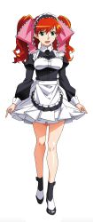 Rule 34 | 1girl, apron, asahina yurina, clothes pull, full body, green eyes, hair ribbon, highres, juliet sleeves, long hair, long sleeves, looking at viewer, maid, maid apron, maid headdress, miniskirt, non-web source, official art, open mouth, photoshop (medium), puffy sleeves, red hair, ribbon, simple background, skirt, skirt pull, solo, super real mahjong, twintails, waist apron, white apron, white background, white skirt