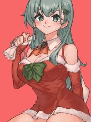 Rule 34 | 1girl, blush, breasts, cleavage, closed mouth, cowboy shot, detached collar, fingernails, green eyes, green hair, hair between eyes, hair ornament, hairclip, holding, holding sack, kantai collection, karutade, large breasts, long hair, official alternate costume, pink background, sack, santa costume, simple background, smile, solo, suzuya (kancolle)