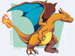 Rule 34 | artist name, blue eyes, character name, charizard, claws, commentary, creatures (company), english commentary, fang, fire, fire, flame-tipped tail, from side, full body, game freak, gen 1 pokemon, highres, nintendo, no humans, parted lips, pokedex number, pokemon, pokemon (creature), solo, standing, woofzilla