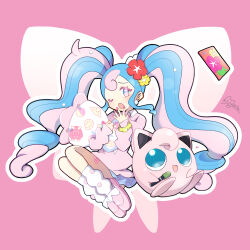 Rule 34 | 1girl, bull sprite (pokemon), cardigan, cellphone, creatures (company), earrings, fairy miku (project voltage), fish sprite (pokemon), flower, fossil sprite (pokemon), game freak, gen 1 pokemon, hair flower, hair ornament, hatsune miku, highres, jewelry, jigglypuff, leg warmers, legs together, long hair, marie (marie cookie222), multicolored hair, nail polish, nintendo, one eye closed, phone, pink cardigan, pink footwear, pink nails, pokemon, pokemon (creature), project voltage, twintails, two-tone hair, very long hair, vocaloid, yawning