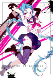 Rule 34 | 1girl, absurdly long hair, absurdres, alternate costume, blue hair, blush, boots, chainsaw, crop top, crop top overhang, elbow gloves, fingerless gloves, fishnet thighhighs, fishnets, flat chest, full body, gloves, highres, jinx (league of legends), league of legends, long hair, looking at viewer, midriff, navel, paint splatter, pink eyes, rmm, school uniform, single thighhigh, solo, thighhighs, very long hair