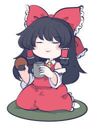Rule 34 | 1girl, ascot, bare shoulders, black hair, blush stickers, bow, chahan (fried rice0614), closed eyes, closed mouth, cup, detached sleeves, food, hair bow, hair tubes, hakurei reimu, highres, holding, holding cup, holding food, japanese clothes, long hair, nontraditional miko, one-hour drawing challenge, red bow, red skirt, ribbon-trimmed sleeves, ribbon trim, sidelocks, simple background, skirt, smile, solo, touhou, white background, white sleeves, wide sleeves, yellow ascot