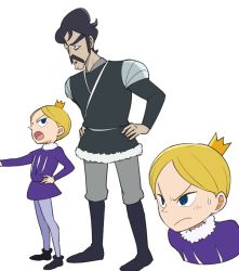 Rule 34 | 2boys, aboutama, armor, bebinn, black eyes, blonde hair, blue eyes, boots, child, crown, daida, expressions, facial hair, frown, full body, hair strand, knee boots, male focus, multiple boys, mustache, ousama ranking, pauldrons, pointing, pointing forward, prince, short hair, shoulder armor, standing, thick eyebrows