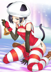 Rule 34 | 1girl, :d, alternate costume, animal ears, animal hat, arm support, arm warmers, bad id, bad pixiv id, bed, bell, between legs, black gloves, black hair, black panties, blush, boots, breasts, brown eyes, brown footwear, buckle, buttons, capelet, center opening, cleavage, cleavage cutout, clothing cutout, curtains, dress, elbow gloves, fake animal ears, fake tail, from side, fur trim, gloves, half-closed eyes, hand between legs, hand up, hat, holding, indoors, jingle bell, kemonomimi mode, kobayakawa rinko, lace, lace-trimmed panties, lace trim, lens flare, looking at viewer, love plus, makokujira, microdress, naughty face, on bed, open mouth, panties, panty peek, red dress, red thighhighs, santa costume, shiny clothes, short hair, side-tie panties, sitting, small breasts, smile, solo, striped clothes, striped thighhighs, tail, thighhighs, thighs, tongue, tongue out, turtleneck, underwear, wariza, white hat, white thighhighs