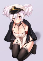 Rule 34 | 1girl, alternate breast size, alternate costume, azur lane, between breasts, black jacket, black panties, black thighhighs, blush, breasts, chain, cleavage, collar, collarbone, covering crotch, covering privates, double bun, dress, dress tug, elbow gloves, full body, garter straps, gloves, hair between eyes, hair bun, hat, highres, jacket, jacket on shoulders, kneeling, laffey (azur lane), large breasts, long hair, looking at viewer, mochiyuki, no shoes, own hands together, panties, peaked cap, purple background, red eyes, short dress, simple background, solo, tareme, thighhighs, unbuttoned, underwear, v arms, white dress, white gloves, white hat