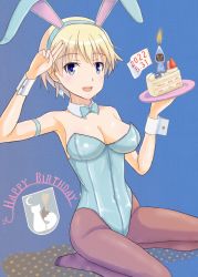 Rule 34 | 1girl, animal ears, birthday cake, black pantyhose, blonde hair, blue background, blue bow, blue bowtie, blue eyes, blue leotard, blush, bow, bowtie, brave witches, breasts, cake, cleavage, covered navel, dated, earrings, fake animal ears, food, happy birthday, heart, heart-shaped pupils, highres, jewelry, keicha (kmoekaki), large breasts, leotard, looking at viewer, nikka edvardine katajainen, open mouth, pantyhose, playboy bunny, rabbit ears, shiny skin, short hair, simple background, smile, solo, symbol-shaped pupils, world witches series