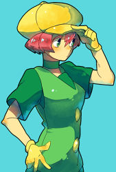 Rule 34 | 1girl, adjusting clothes, adjusting headwear, bad id, bad pixiv id, blue background, cabbie hat, choker, creatures (company), game freak, georgia (pokemon), gloves, green eyes, hat, nintendo, pink hair, pokemon, pokemon (anime), pokemon bw (anime), short hair, skyloop19, solo, yellow gloves