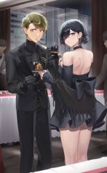 Rule 34 | 1boy, 1girl, absurdres, alcohol, bare shoulders, belt, black belt, black choker, black dress, black gloves, black hair, black jacket, black necktie, black pants, black shirt, black suit, blue eyes, blurry, blurry foreground, bow, breasts, building, business suit, champagne flute, choker, cup, curtains, dessert, detached sleeves, dress, drinking, drinking glass, facial scar, food, formal, gloves, green hair, hair behind ear, hair up, half gloves, hand in pocket, highres, holding, holding another&#039;s arm, holding plate, jacket, large breasts, necktie, original, pants, plate, red eyes, sabotensuteeki, scar, scar on back, scar on cheek, scar on face, scar on mouth, shawl, shirt, short dress, standing, strapless, strapless dress, suit, suit jacket, surprised, sweatdrop, table, thick eyebrows, thighs, window