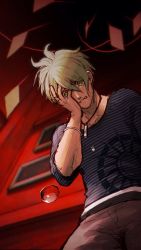 Rule 34 | 1boy, amami rantaro, blood, blood drop, brown pants, collarbone, commentary request, danganronpa (series), danganronpa v3: killing harmony, facing down, green eyes, green hair, hand on own face, highres, indoors, jewelry, konakai, long sleeves, male focus, pants, red theme, shirt, short hair, sitting, solo, striped clothes, striped shirt