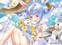 Rule 34 | 1girl, :d, alternate costume, animal ear fluff, animal ears, bag, bare legs, blue hair, blue sky, blush, bouquet, braid, breasts, carrot hair ornament, cloud, cloudy sky, commentary, cowboy shot, day, don-chan (usada pekora), dress, floating hair, floating hat, flower, food-themed hair ornament, hair between eyes, hair ornament, handbag, hat, hat flower, hat ribbon, hikosan, holding, holding bouquet, hololive, light blue hair, long hair, looking at viewer, multicolored hair, pekomon (usada pekora), official art, open mouth, outdoors, petals, pinafore dress, rabbit-shaped pupils, rabbit ears, ribbon, sky, sleeveless, sleeveless dress, small breasts, smile, solo, straw hat, streaked hair, symbol-shaped pupils, thick eyebrows, thighs, twin braids, twintails, two-tone hair, usada pekora, virtual youtuber, water drop, watermark, white dress, white hair