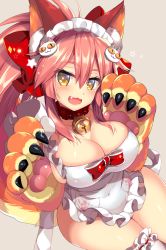 Rule 34 | 1girl, animal ear fluff, animal ears, animal hands, apron, bell, bow, breasts, bridal garter, cat hair ornament, collar, fang, fate/grand order, fate (series), fox ears, fox tail, gloves, hair between eyes, hair bow, hair ornament, highres, jingle bell, large breasts, looking at viewer, maid headdress, naked apron, neck bell, open mouth, paw gloves, paw print, pink hair, ringo sui, simple background, solo, tail, tamamo (fate), tamamo cat (fate), tamamo cat (third ascension) (fate), yellow eyes