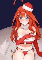 Rule 34 | 1girl, ahoge, amog, bare shoulders, bikini, blue eyes, blush, breasts, cleavage, commentary request, elbow gloves, fur-trimmed gloves, fur-trimmed headwear, fur collar, fur trim, gloves, go-toubun no hanayome, hair between eyes, hair ornament, hand on own chest, hat, highres, large breasts, long hair, looking at viewer, micro bikini, nakano itsuki, navel, red bikini, red hair, red hat, santa bikini, santa hat, side-tie bikini bottom, sitting, solo, star (symbol), star hair ornament, string bikini, swimsuit, tissue box, wariza, wavy mouth