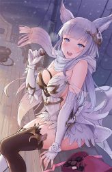 Rule 34 | 1girl, :d, animal ears, bare shoulders, black thighhighs, blue eyes, blunt bangs, blush, box, breasts, chocolate, cleavage, commentary request, deck, dress, elbow gloves, eliskalti, erune, fingerless gloves, gloves, granblue fantasy, hair ornament, heart-shaped box, highres, korwa, long hair, looking at viewer, medium breasts, open mouth, outdoors, scarf, ship, silver hair, sitting, skindentation, smile, solo, thighhighs, valentine, watercraft, white gloves, white thighhighs