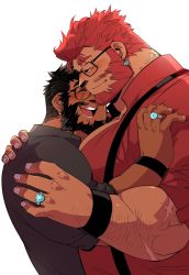 Rule 34 | 2boys, arm hair, bara, beard, black-framed eyewear, black hair, black shirt, blush, couple, earrings, facial hair, from side, glasses, highres, hug, husband and husband, jewelry, kokukokuboo, large pectorals, male focus, mature male, multiple boys, muscular, muscular male, original, ornate ring, partially unbuttoned, pectoral cleavage, pectorals, red hair, red shirt, ring, scar, scar across eye, scar on arm, scar on face, scar on neck, shirt, short hair, size difference, sleeves rolled up, smile, suspenders, upper body, wedding ring, white background, yaoi