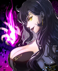 Rule 34 | 1girl, bare shoulders, black hair, black lips, black nails, breasts, cleavage, delsaber, earrings, fire, fire emblem, fire emblem: the blazing blade, from side, highres, jewelry, large breasts, lipstick, long hair, makeup, nail polish, nintendo, profile, purple fire, red lips, solo, sonia (fire emblem: the blazing blade), upper body, yellow eyes