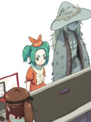 Rule 34 | 3girls, :|, aqua hair, blue skin, brown hair, candy, candy wrapper, cash register, cashier, cloak, closed mouth, collar, colored skin, commission, conveyor belt, crossover, dress, elden ring, extra arms, forehead, fur cloak, googly eyes, green eyes, hat, highres, jean bomjan, large hat, long hair, looking at another, looking at food, monogatari (series), multiple girls, one eye closed, ononoki yotsugi, orange dress, orange headwear, petite, ponytail, puffy short sleeves, puffy sleeves, queue, ranni the witch, short eyebrows, short hair, short sleeves, snickers (brand), standing, thick eyebrows, trait connection, tsukimonogatari, twintails, v-shaped eyebrows, visor cap, white background, white collar, white dress, white hair, white headwear, witch, witch hat, wrapped candy