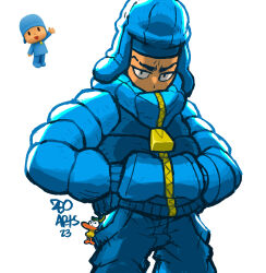Rule 34 | 1boy, absurdres, aged up, animification, artist name, backlighting, black eyes, blue hat, blue jacket, blue pants, charm (object), chullo, covered mouth, cowboy shot, dated, down jacket, eyebrow cut, hands in pockets, hat, highres, jacket, long sleeves, looking at viewer, male focus, pants, pato (pocoyo), pocket, pocoyo, pocoyo (series), reference inset, signature, simple background, solo, standing, v-shaped eyebrows, white background, winter clothes, zeoarts, zipper, zipper pull tab