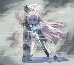 Rule 34 | 1girl, ballistic shield, black footwear, black gloves, black skirt, blue archive, blue eyes, blue necktie, clenched teeth, collared shirt, commentary request, fingerless gloves, firing, full body, gloves, gun, hair between eyes, halo, holding, holding gun, holding weapon, hoshino (blue archive), long hair, long sleeves, m.m, necktie, one eye closed, pink hair, plaid, plaid skirt, shield, shirt, shoes, shotgun, skirt, socks, solo, sparks, teeth, v-shaped eyebrows, very long hair, weapon, white shirt, white socks