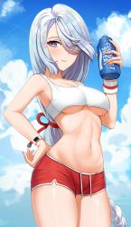 Rule 34 | 1girl, absurdres, blue eyes, blue sky, bottle, braid, brand name imitation, breasts, cloud, commentary, cowboy shot, drawstring, english commentary, exercising, eyes visible through hair, genshin impact, gym uniform, hair over one eye, hand on own hip, highres, holding, holding bottle, large breasts, long hair, looking at viewer, low-braided long hair, low-tied long hair, matmaj, midriff, navel, outdoors, parted lips, pocari sweat, shenhe (genshin impact), shiny skin, short shorts, shorts, silver hair, sky, solo, sports bra, standing, underboob, very long hair, watch, water bottle, wristband, wristwatch