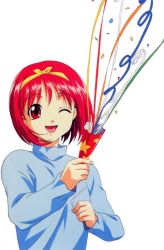 Rule 34 | 1girl, bow, jpeg artifacts, kamigishi akari, one eye closed, party popper, red eyes, red hair, solo, to heart, to heart (series), yellow bow
