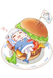 Rule 34 | 1girl, bloop (gawr gura), blue hair, blunt bangs, burger, chibi, fins, fish tail, flag, food, gawr gura, hair ornament, highres, hololive, hololive english, hosizora, lettuce, long hair, meat, multicolored hair, open mouth, plate, shark tail, streaked hair, tail, teeth, tomato, virtual youtuber, white hair, zzz