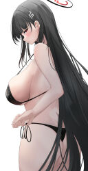 Rule 34 | 1girl, absurdres, ass, bikini, black bikini, black hair, blue archive, blush, breasts, from behind, from side, hair ornament, hairclip, halo, highres, kunizaki, large breasts, long hair, looking at viewer, parted lips, red eyes, rio (blue archive), side-tie bikini bottom, sideboob, simple background, solo, strap gap, swimsuit, very long hair, white background